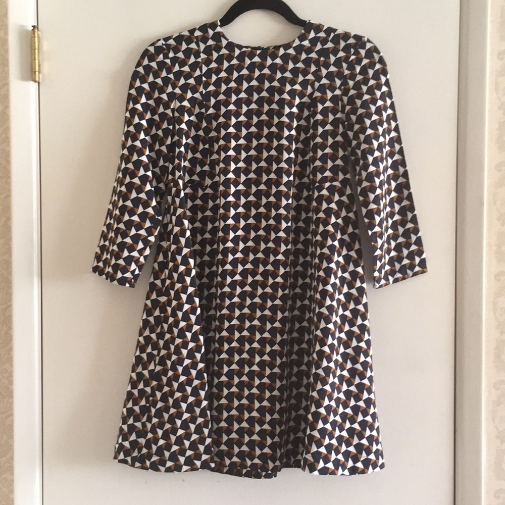 H&M•Navy/Brown/White Print 3/4 Trapeze Swing Dress